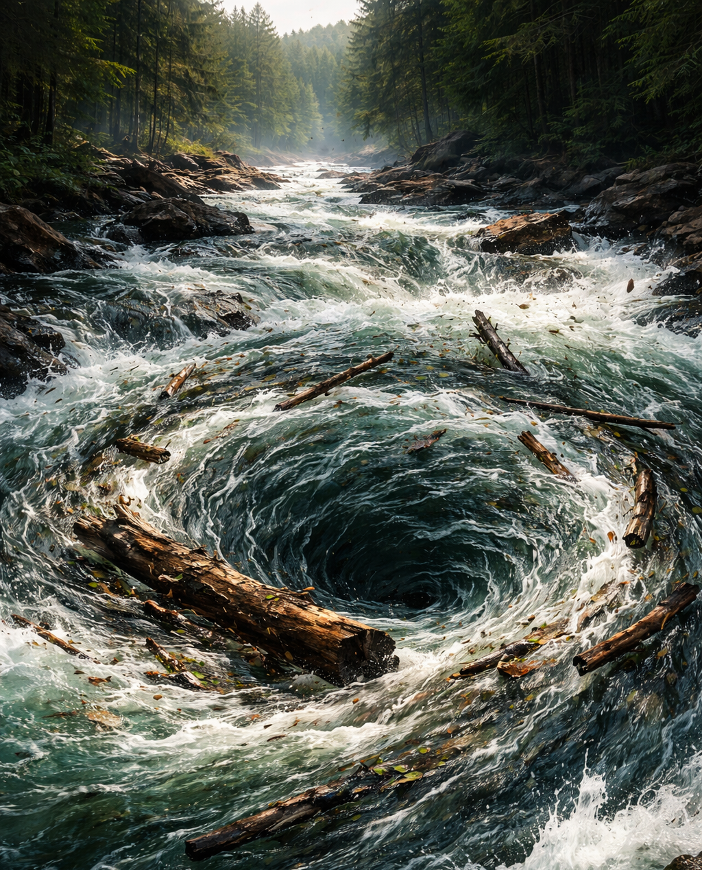 A river pulled into a whirlpool by logs caught circling, a metaphor for the subconscious patterns that keep capable leaders stuck